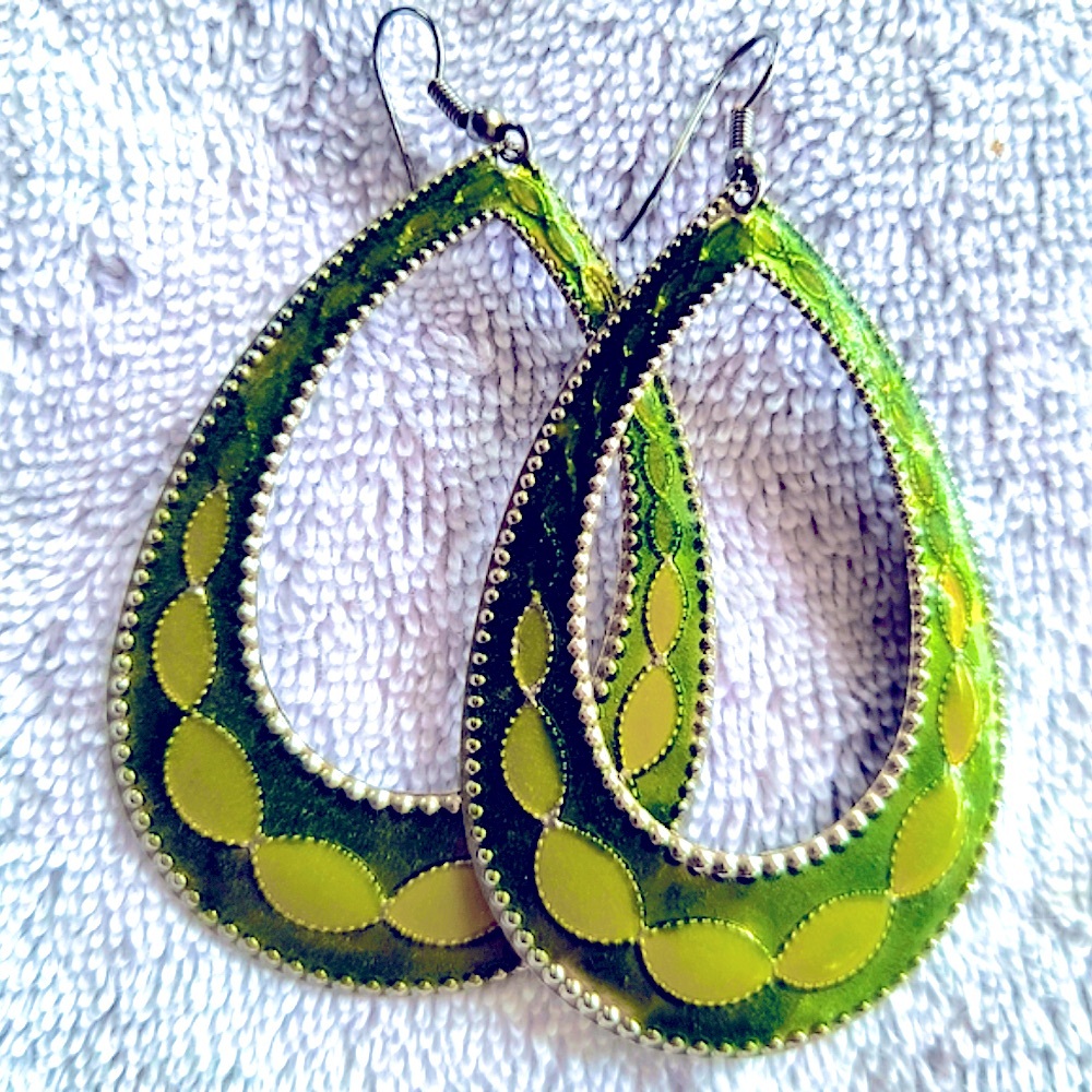 Green and Silver Layered Metal Teardrop Earrings